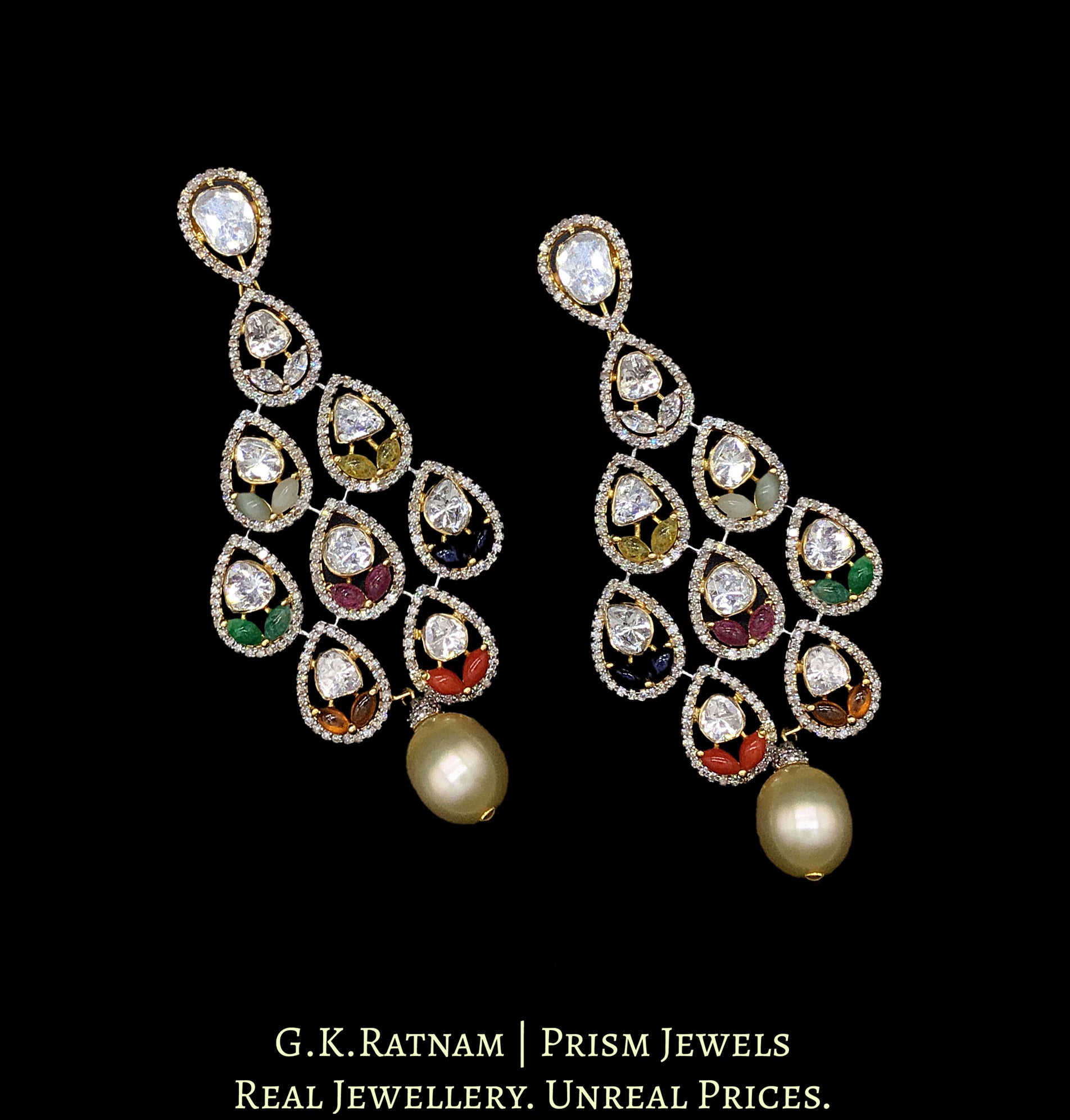 14k Gold and Diamond Polki Open Setting Long Earring Pair with Navratna Stones