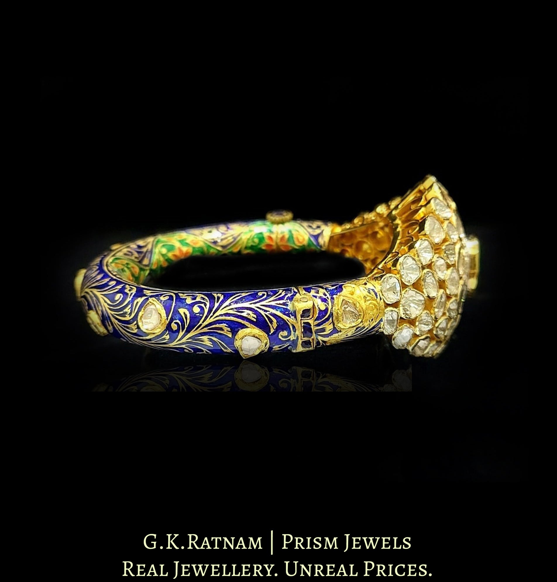 18k Gold and Diamond Polki Fusion Bangle with open setting head and intricately enamelled base - G. K. Ratnam