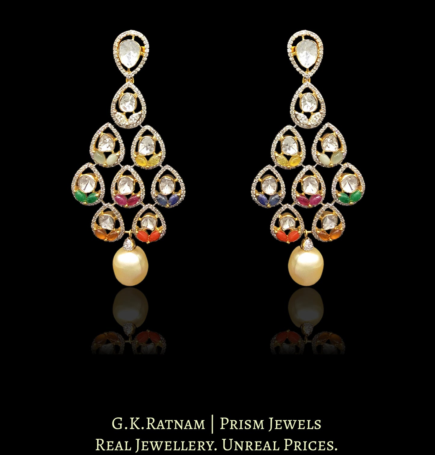 14k Gold and Diamond Polki Open Setting Long Earring Pair with Navratna Stones