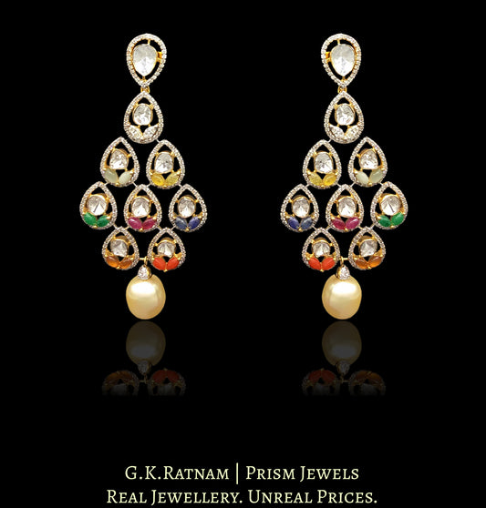 14k Gold and Diamond Polki Open Setting Long Earring Pair with Navratna Stones