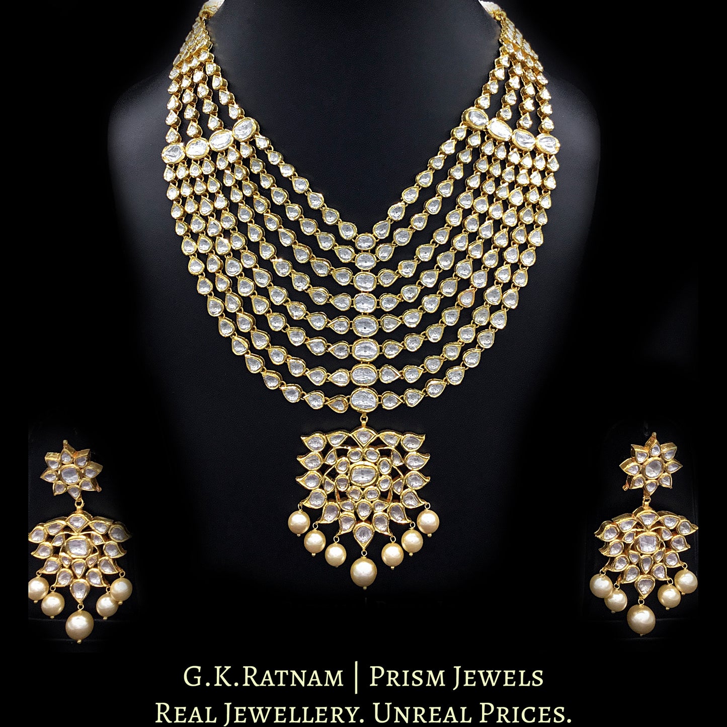 18k Gold and Diamond Polki eight-line Necklace Set with Syndicate Uncut Diamonds - G. K. Ratnam