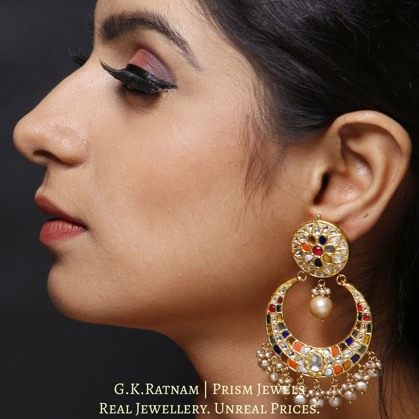 23k Gold and Diamond Polki Navratna Chand Bali Earring Pair with basra-grade hyderabadi pearls