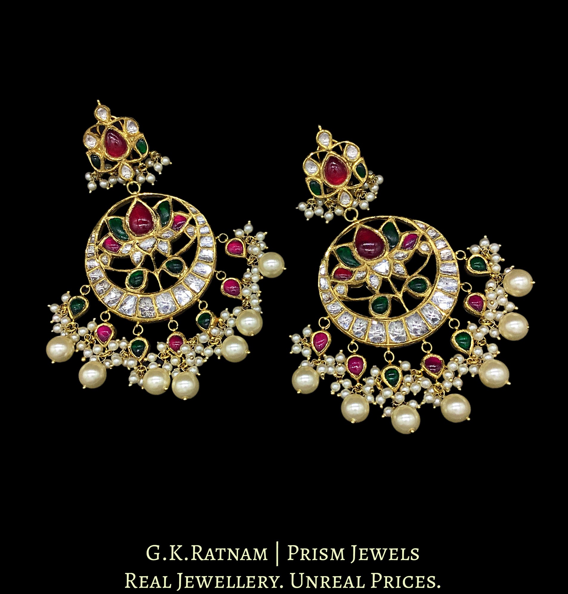 18k Gold and Diamond Polki Chand Bali Earring Pair with Ruby & Emerald grade color stones