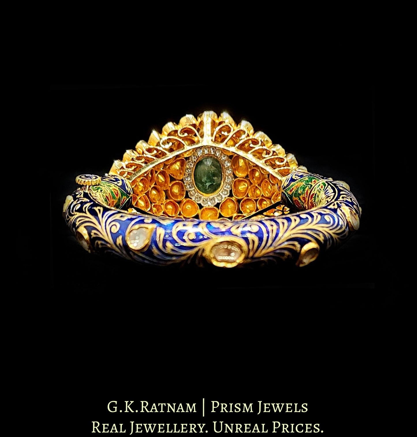 18k Gold and Diamond Polki Fusion Bangle with open setting head and intricately enamelled base - G. K. Ratnam