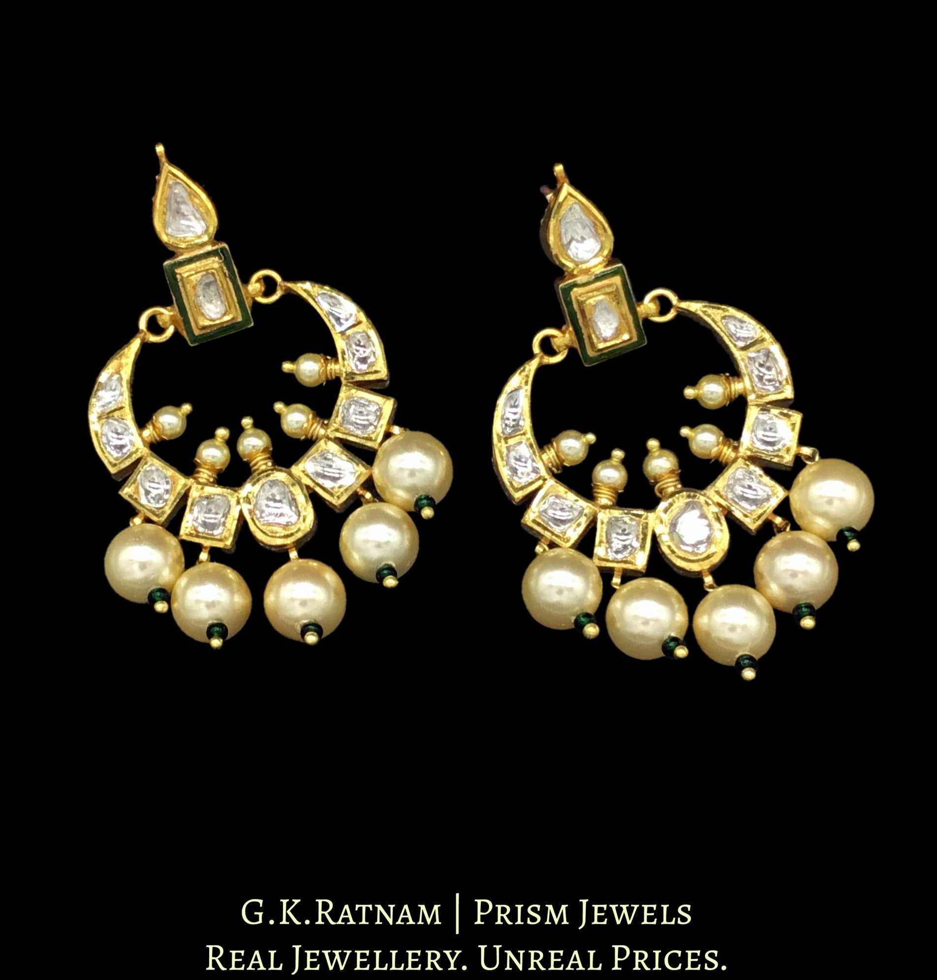 18k Gold and Diamond Polki Chand Bali Earring Pair with a hint of Green Enamel - G. K. Ratnam