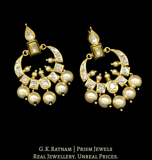 18k Gold and Diamond Polki Chand Bali Earring Pair with a hint of Green Enamel - G. K. Ratnam
