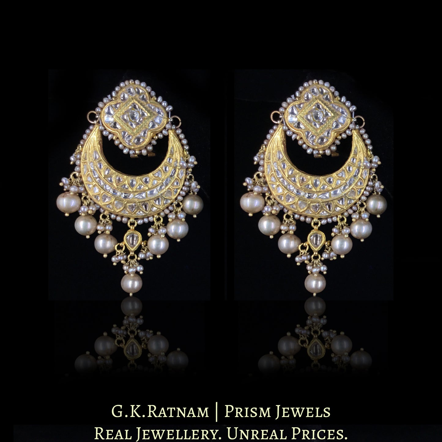23k Gold and Diamond Polki Chand Bali Earring Pair strung with Antiqued Freshwater Pearls