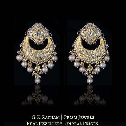 23k Gold and Diamond Polki Chand Bali Earring Pair strung with Antiqued Freshwater Pearls - G. K. Ratnam