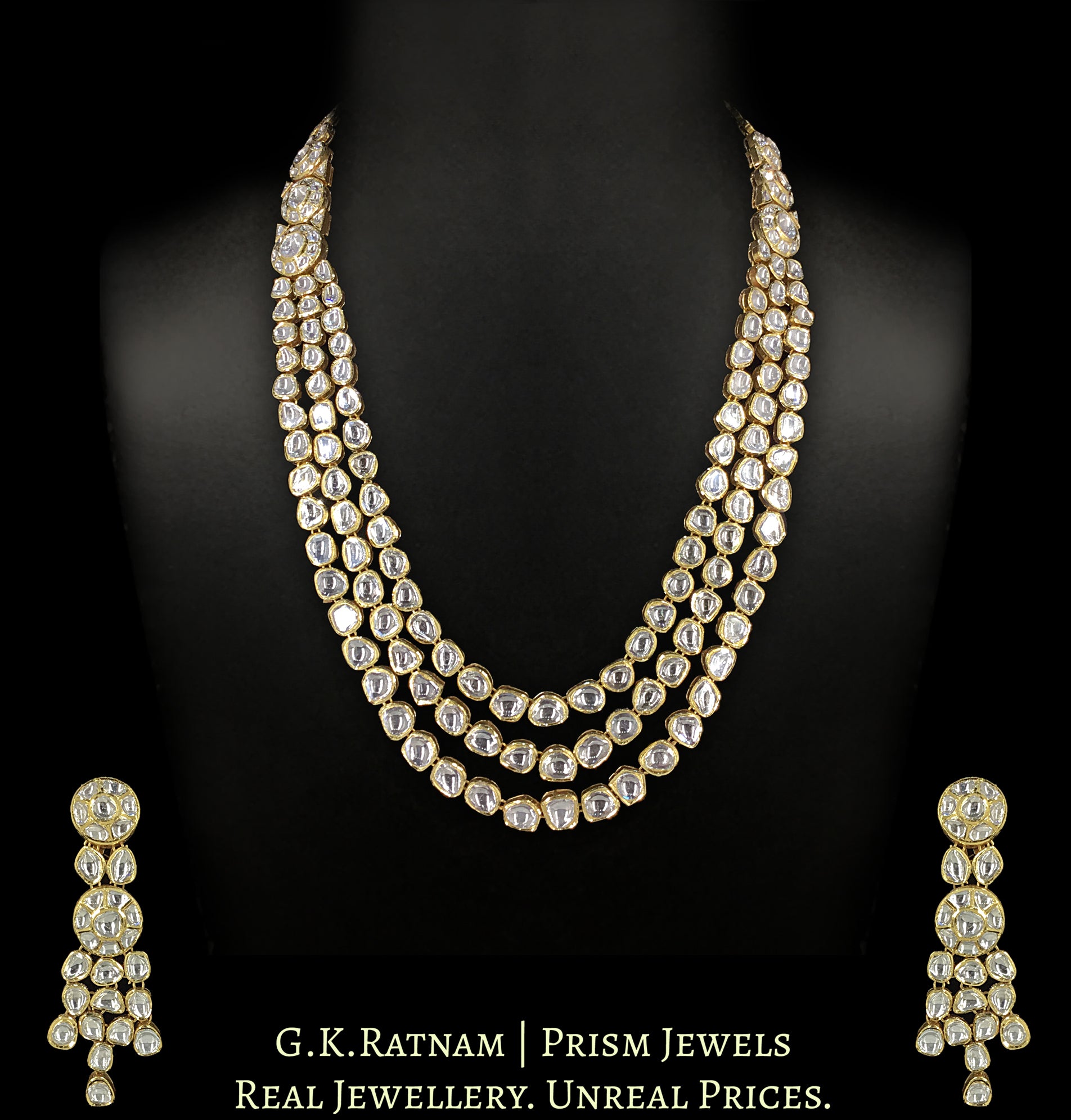 18k Gold and Diamond Polki three liner Long Necklace Set with mix-shaped uncut elements