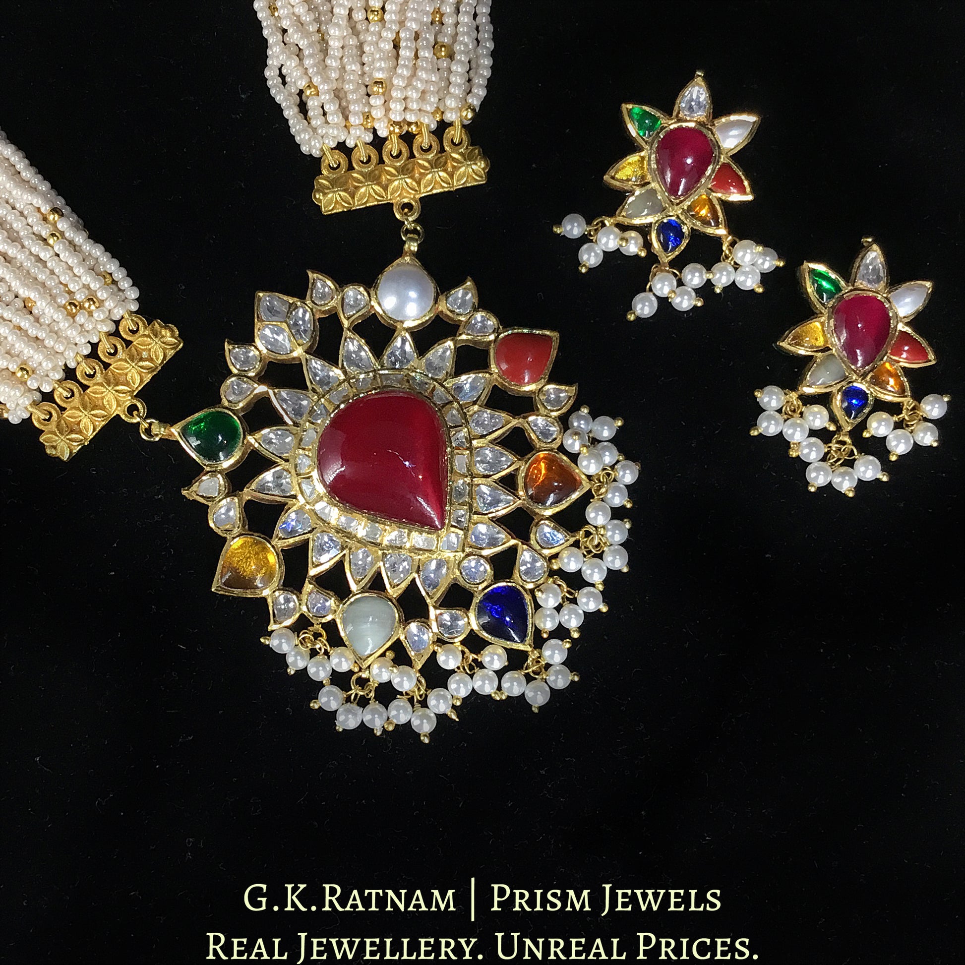 Traditional Gold and Diamond Polki Navratan Pendant Set With Chid Bunches - G. K. Ratnam