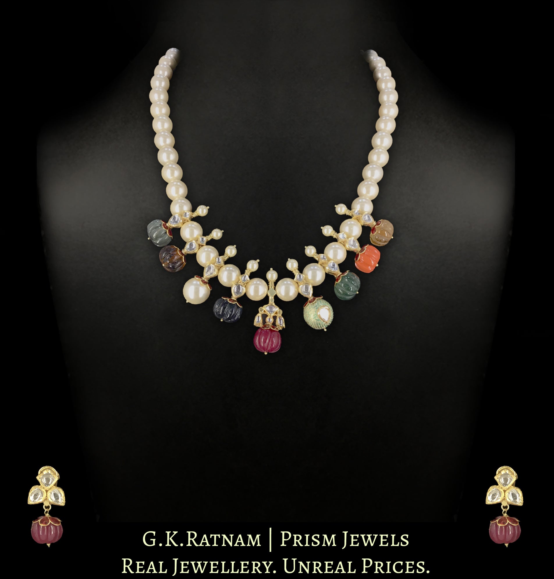 Navratna Necklace and Earrings in 22K Gold with Enamel - Tempus Gems