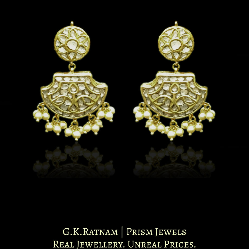 23k Gold and Diamond Polki two-step Long Earring Pair with pankhi (fan) shaped hanging - G. K. Ratnam