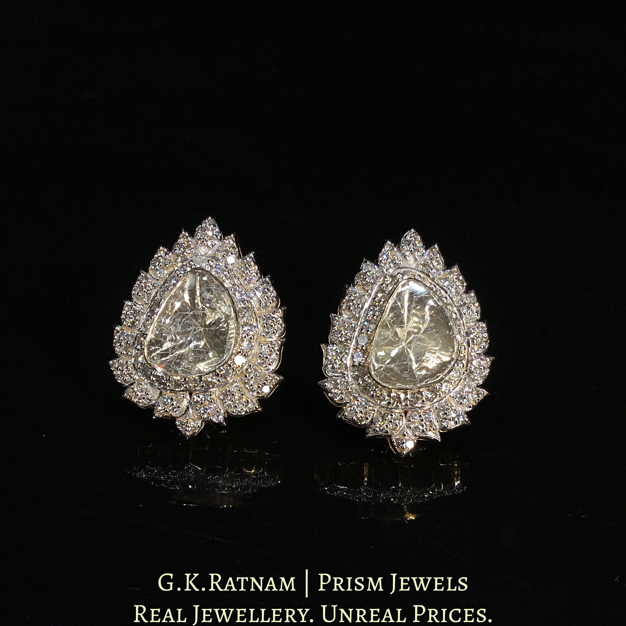 18k Gold and Diamond Polki Open Setting Tops / Studs Earring Pair with leafy diamond rim around large uncut diamonds
