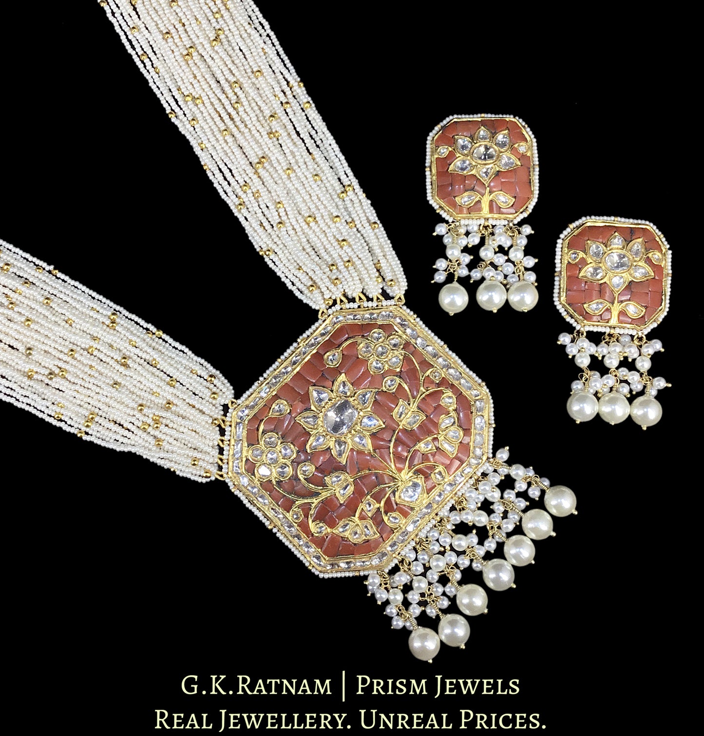 23k Gold And Diamond Polki Coral Pendant Set with Chid Bunches