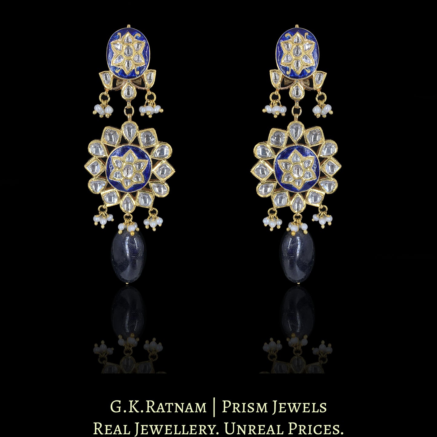 18k Gold and Diamond Polki Necklace Set with intricate Blue Pottery - G. K. Ratnam