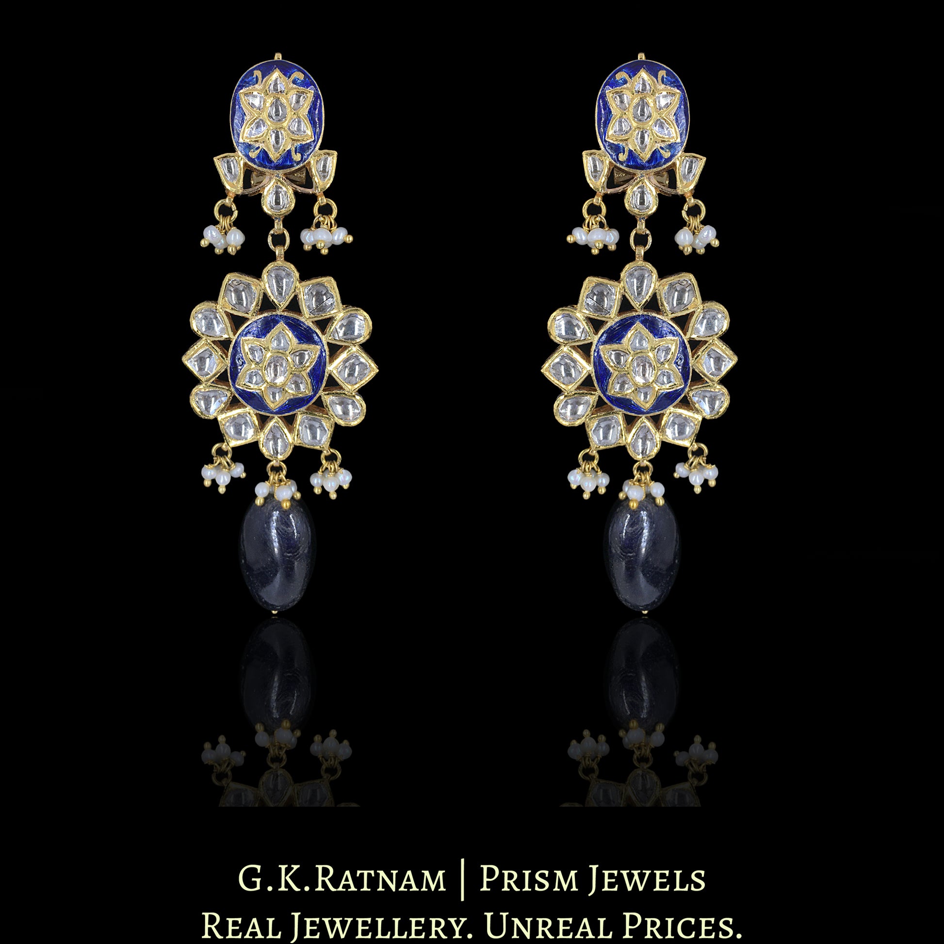 18k Gold and Diamond Polki Necklace Set with intricate Blue Pottery - G. K. Ratnam