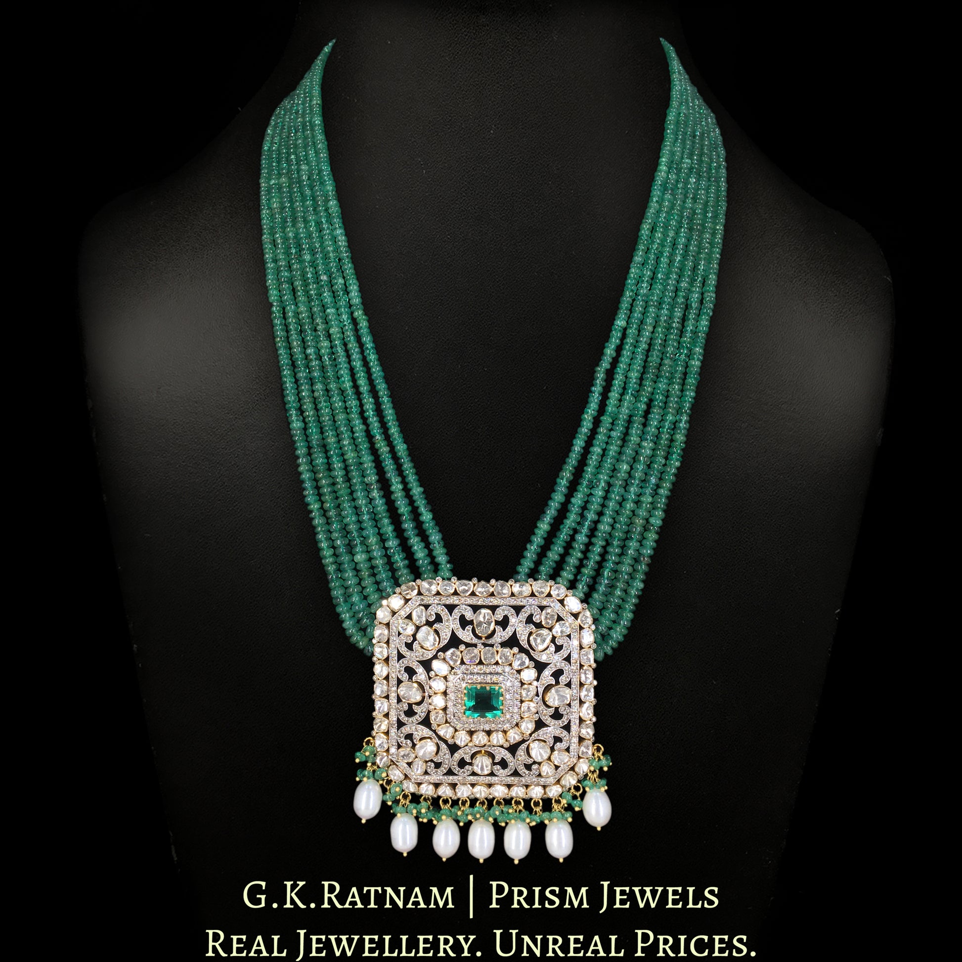 18k Gold and Diamond Polki Open Setting Pendant Set strung in Natural Emerald Beads - G. K. Ratnam