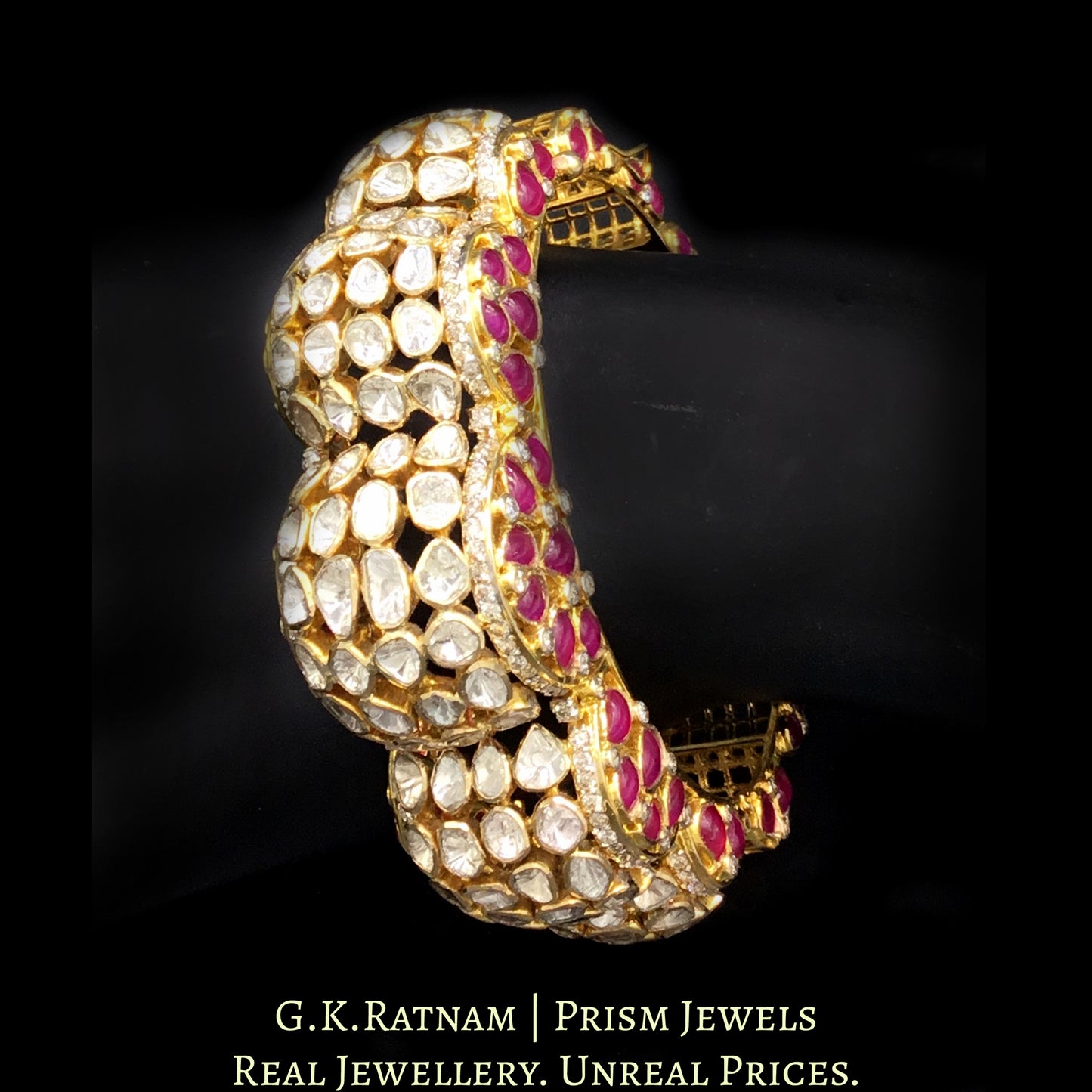 14k Gold and Diamond Polki Open Setting Bangle (Pacheli) with Rubies