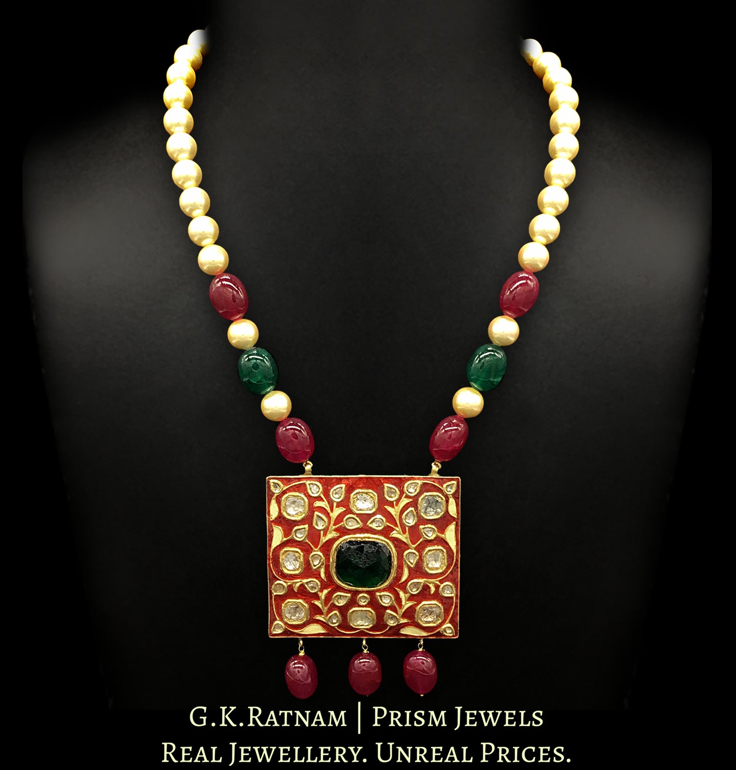 23k Gold and Diamond Polki square-shaped Pendant Set with bright red meenakari - G. K. Ratnam