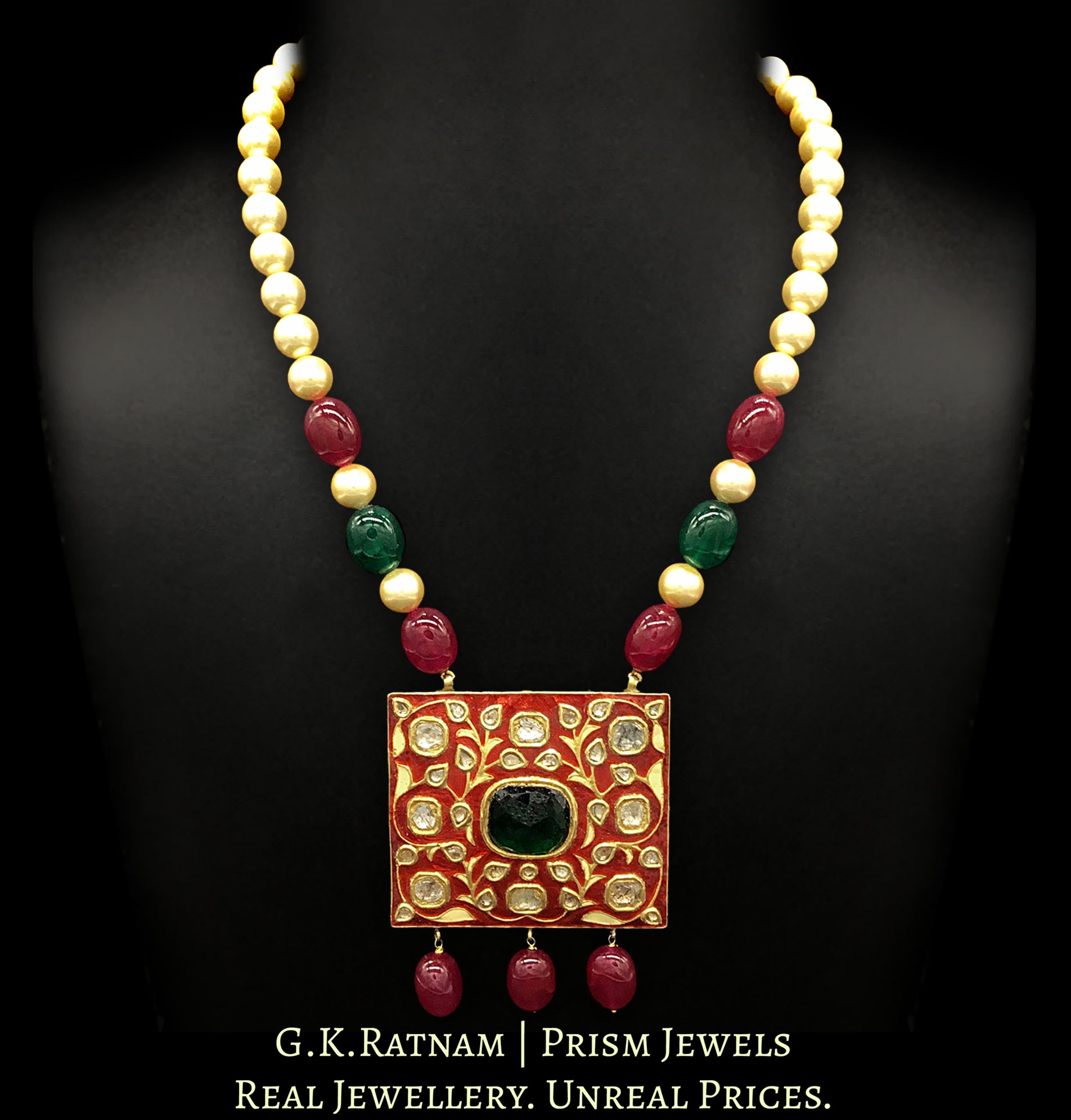 23k Gold and Diamond Polki square-shaped Pendant Set with bright red meenakari - G. K. Ratnam