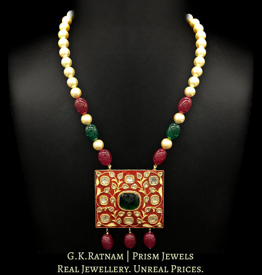 23k Gold and Diamond Polki square-shaped Pendant Set with bright red meenakari - G. K. Ratnam