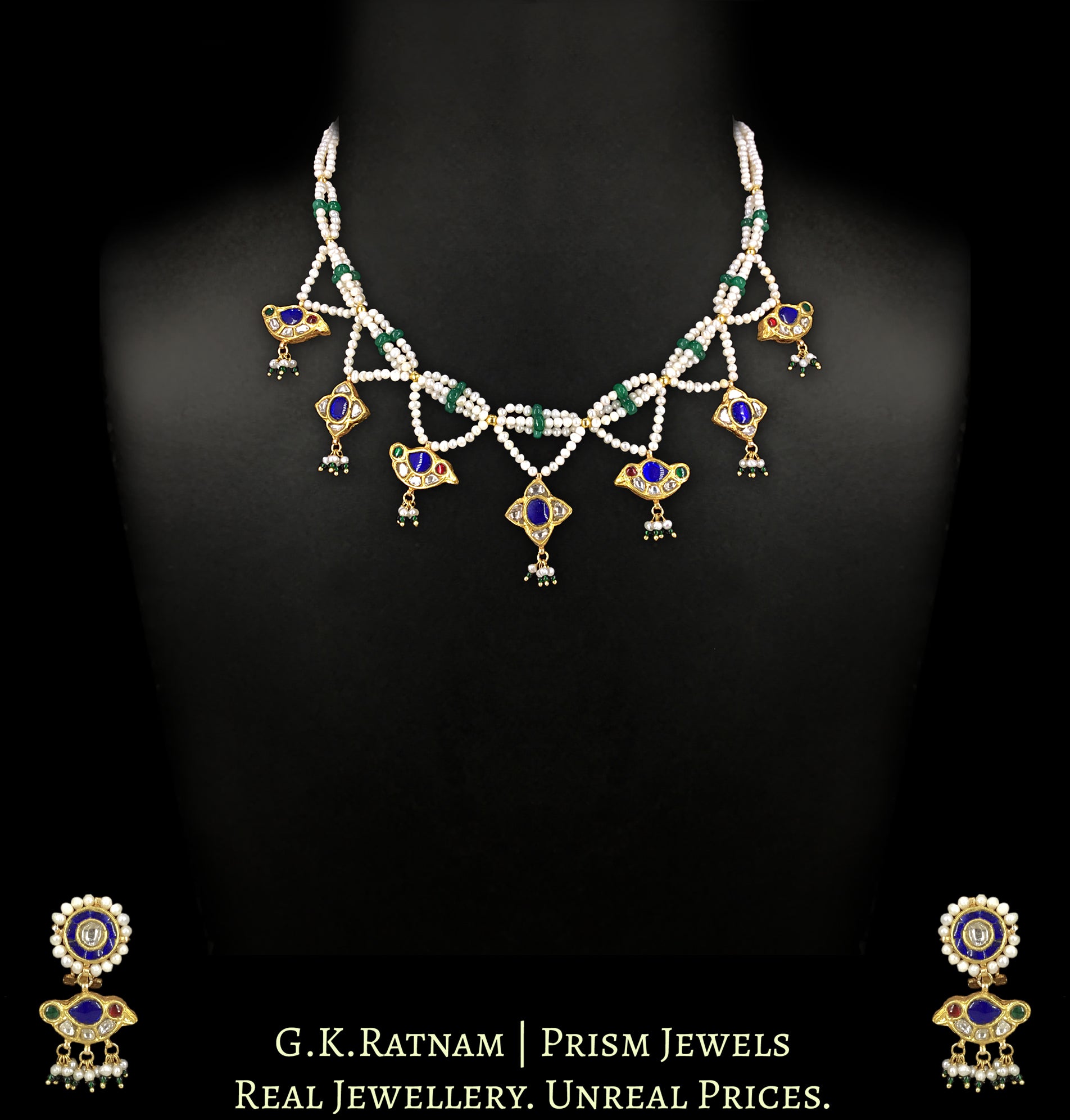 23K Gold and Diamond Polki Necklace Set with bird motifs strung in Natural Freshwater Pearls & Beryls