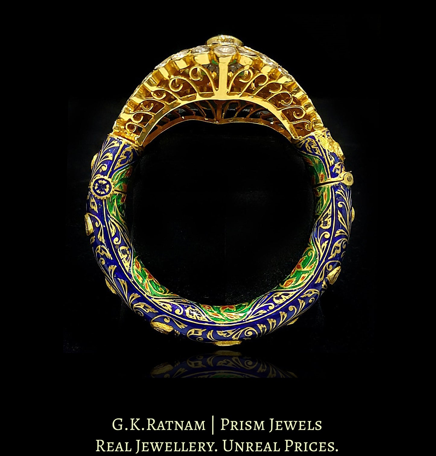 18k Gold and Diamond Polki Fusion Bangle with open setting head and intricately enamelled base - G. K. Ratnam