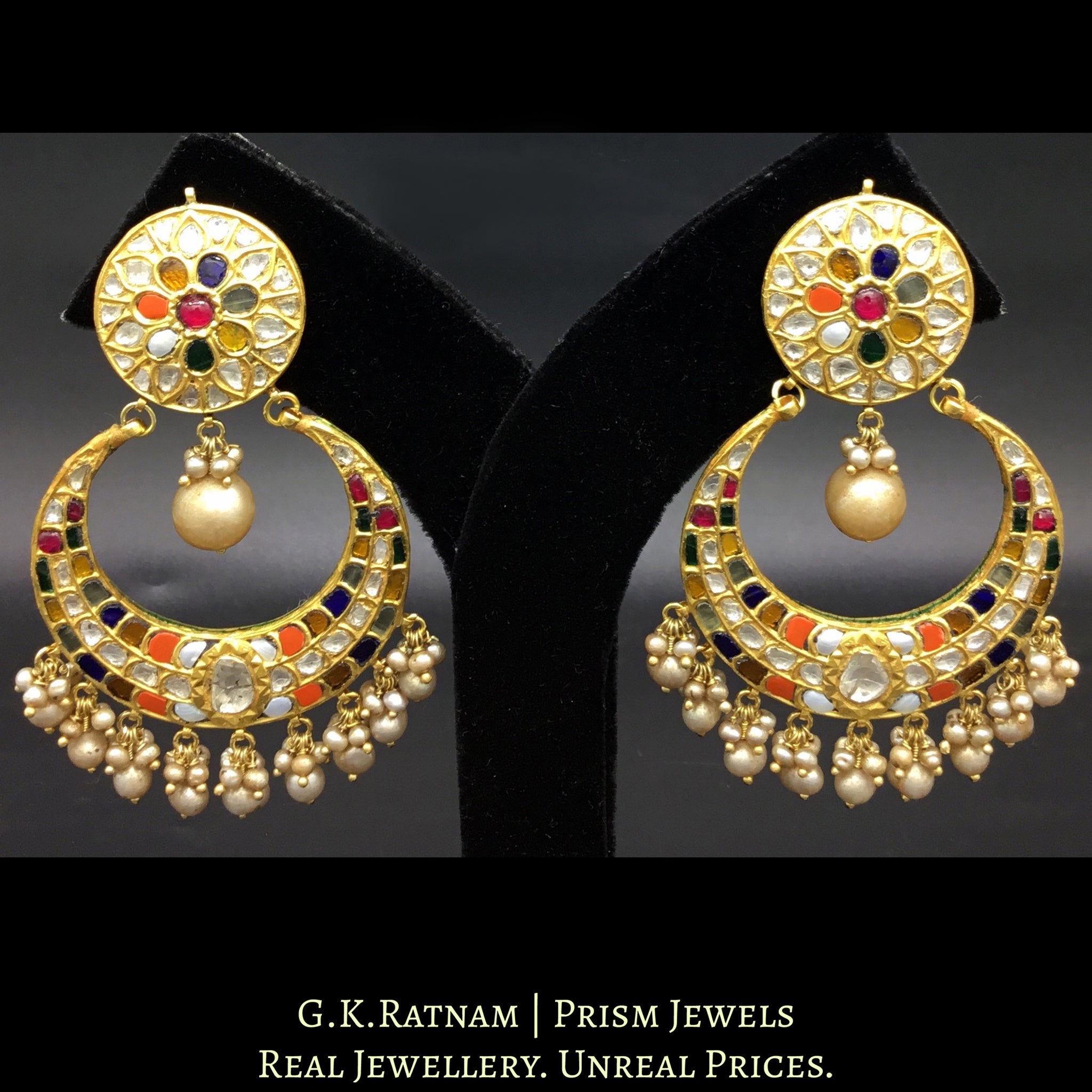 23k Gold and Diamond Polki Navratna Chand Bali Earring Pair with basra-grade hyderabadi pearls