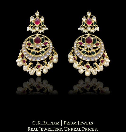18k Gold and Diamond Polki Chand Bali Earring Pair with Ruby & Emerald grade color stones