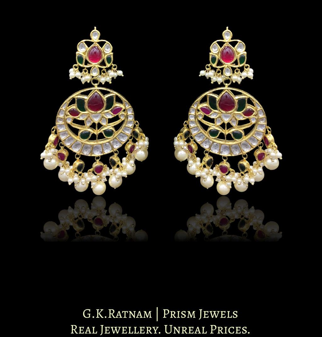 18k Gold and Diamond Polki Chand Bali Earring Pair with Ruby & Emerald grade color stones