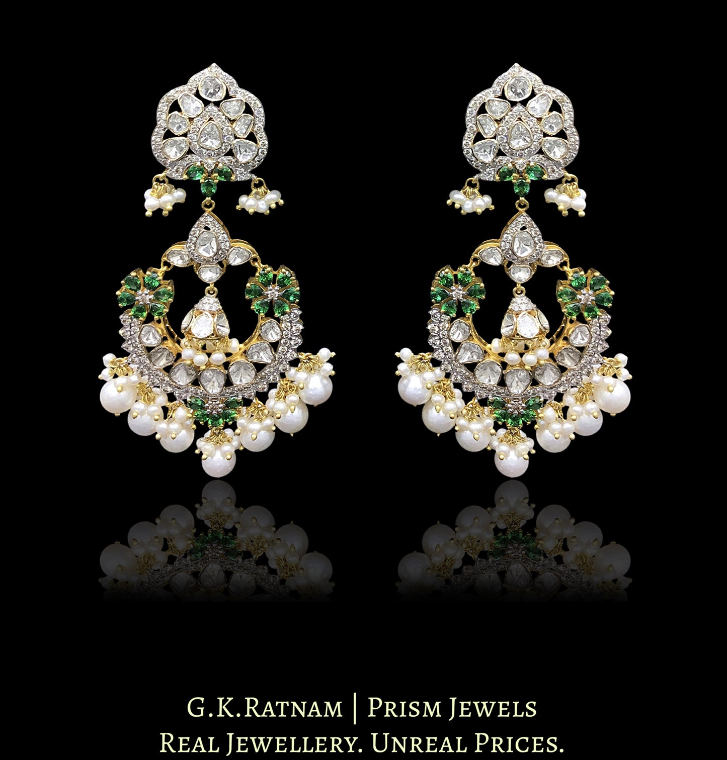 14k Gold and Diamond Polki Open Setting Chand Bali Earring Pair with Natural freshwater pearls