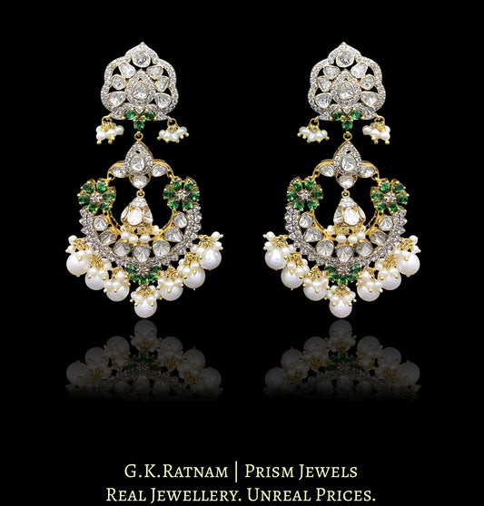 14k Gold and Diamond Polki Open Setting Chand Bali Earring Pair with Natural freshwater pearls