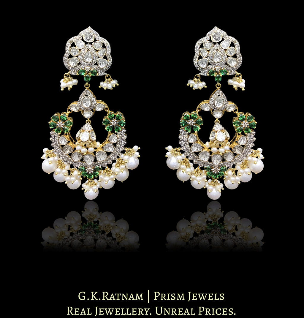 14k Gold and Diamond Polki Open Setting Chand Bali Earring Pair with Natural freshwater pearls