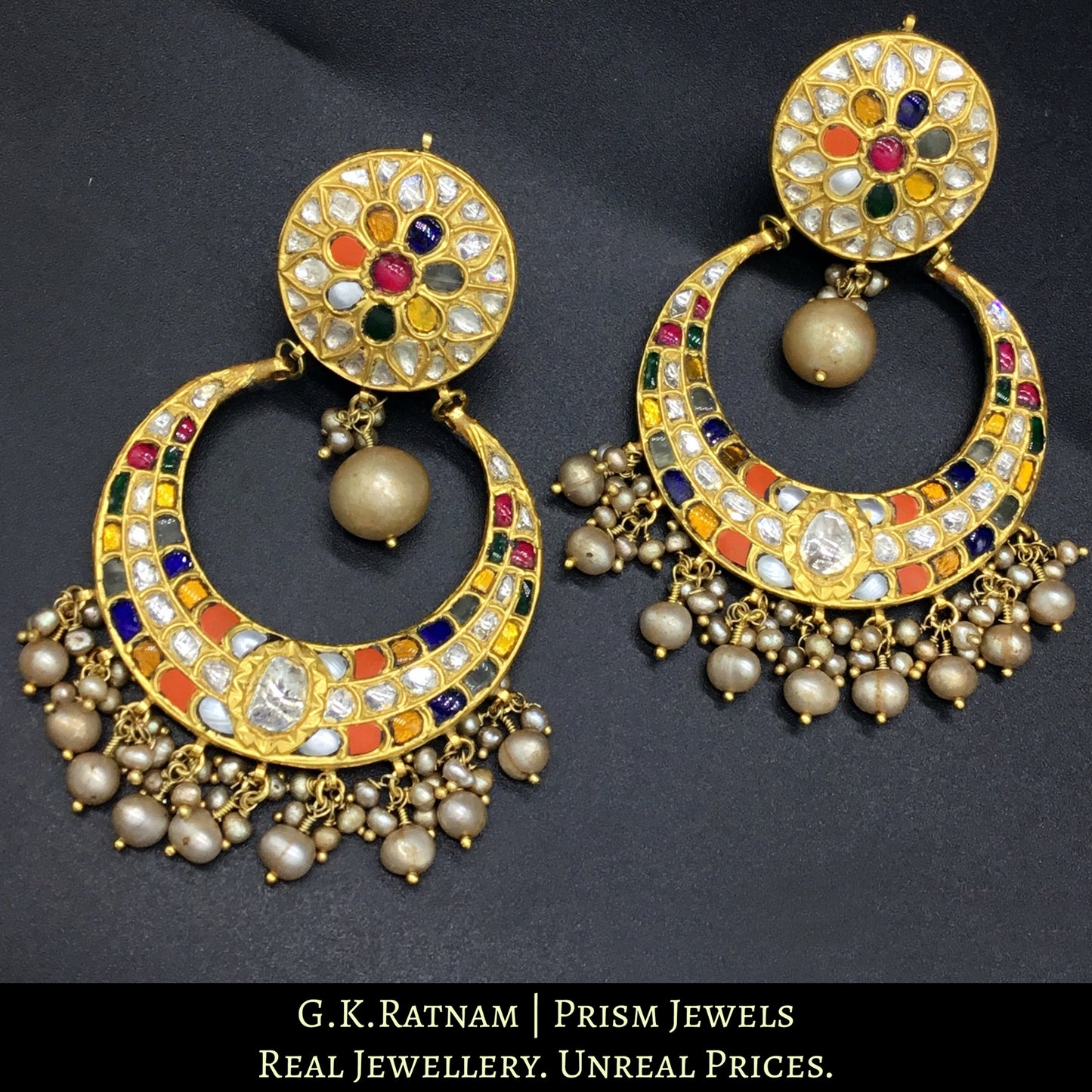 23k Gold and Diamond Polki Navratna Chand Bali Earring Pair with basra-grade hyderabadi pearls