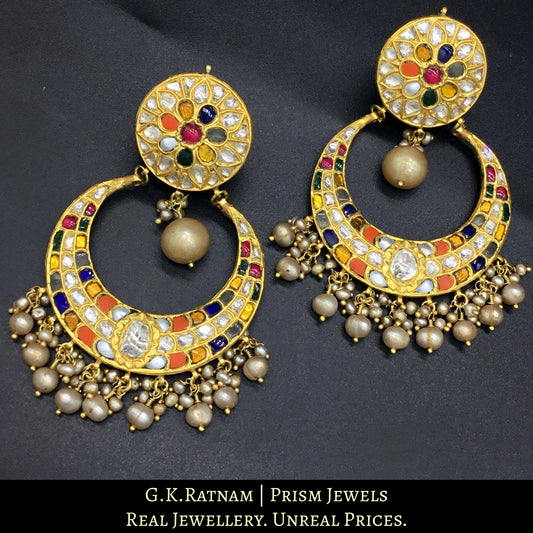 23k Gold and Diamond Polki Navratna Chand Bali Earring Pair with basra-grade hyderabadi pearls