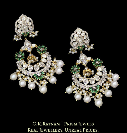 14k Gold and Diamond Polki Open Setting Chand Bali Earring Pair with Natural freshwater pearls