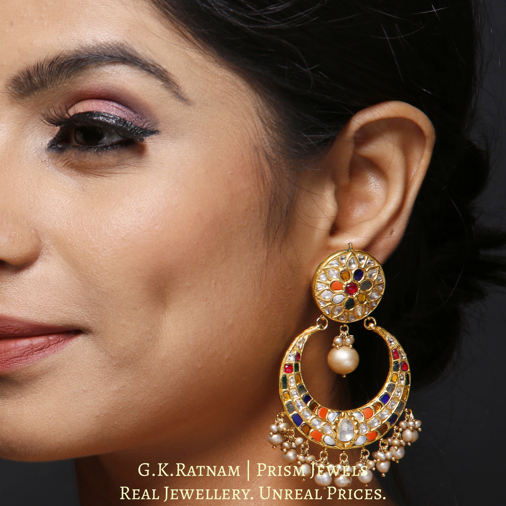 23k Gold and Diamond Polki Navratna Chand Bali Earring Pair with basra-grade hyderabadi pearls
