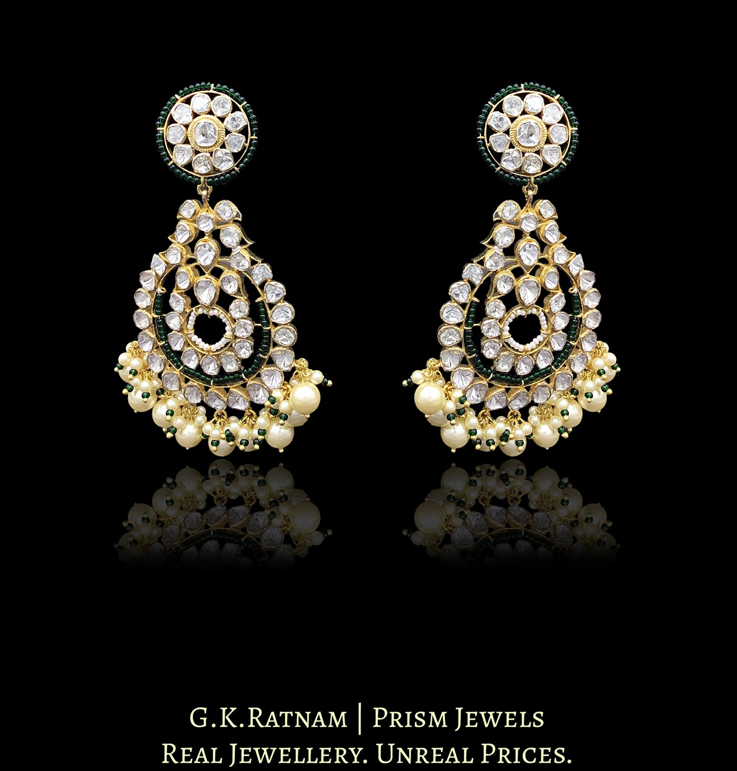 14k Gold and Diamond Polki Open Setting Chand Bali Earring pair with triple-coated shell pearls and a touch of dark green - G. K. Ratnam