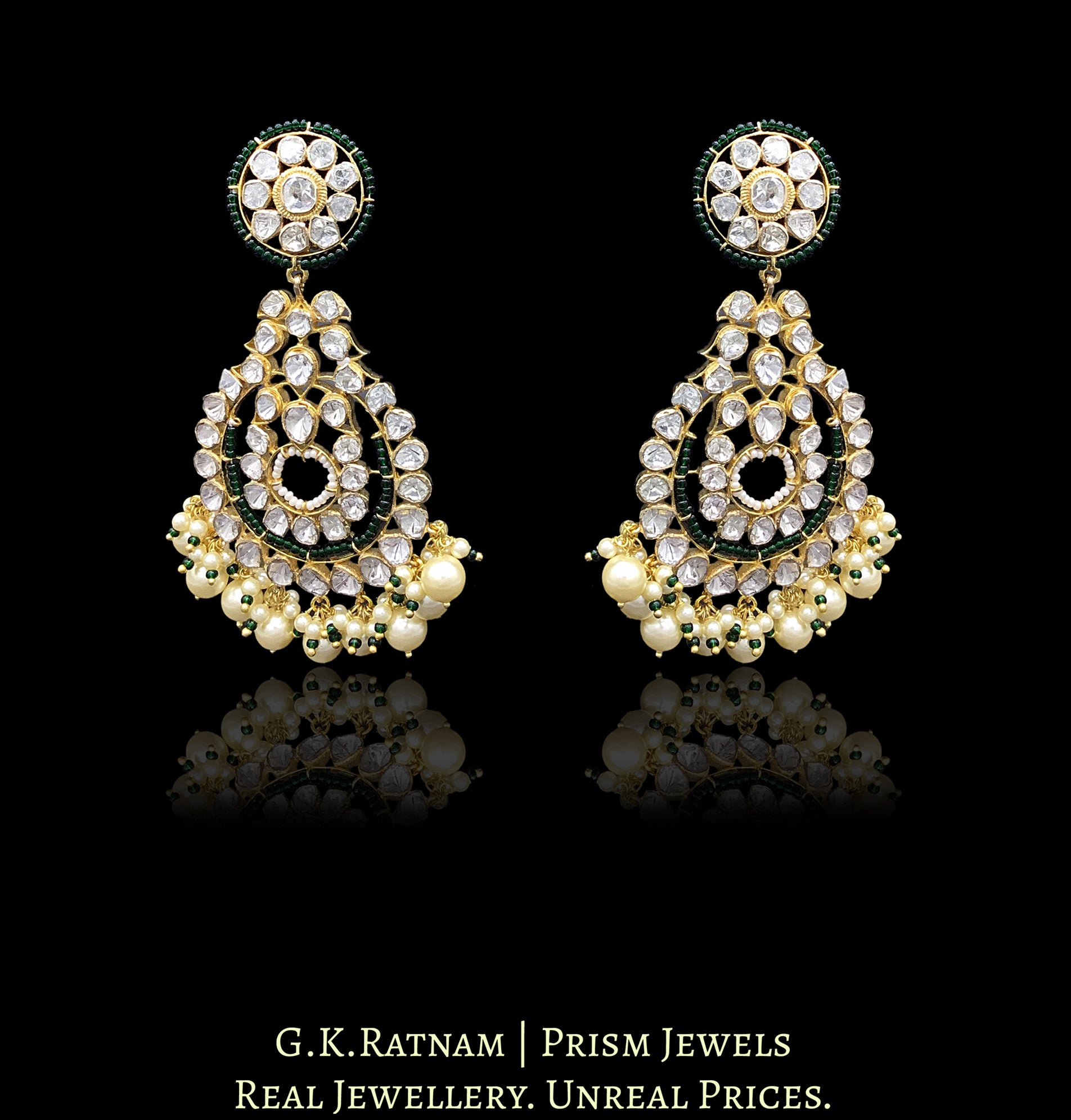 14k Gold and Diamond Polki Open Setting Chand Bali Earring pair with triple-coated shell pearls and a touch of dark green - G. K. Ratnam