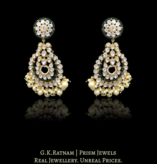 14k Gold and Diamond Polki Open Setting Chand Bali Earring pair with triple-coated shell pearls and a touch of dark green - G. K. Ratnam