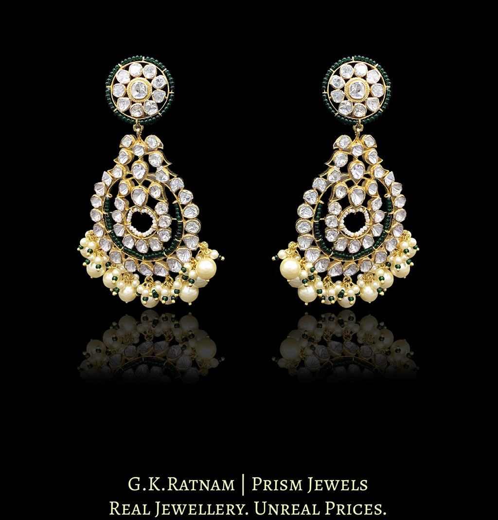 14k Gold and Diamond Polki Open Setting Chand Bali Earring pair with triple-coated shell pearls and a touch of dark green