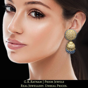 23k Gold and Diamond Polki Karanphool Jhumki Earring Pair with soothing blue topaz drops