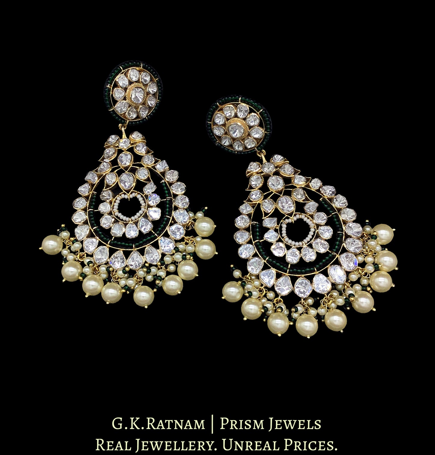 14k Gold and Diamond Polki Open Setting Chand Bali Earring pair with triple-coated shell pearls and a touch of dark green - G. K. Ratnam
