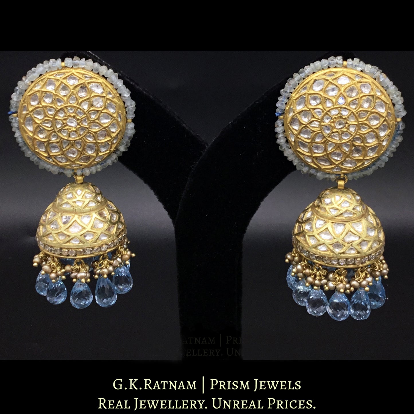23k Gold and Diamond Polki Karanphool Jhumki Earring Pair with soothing blue topaz drops - G. K. Ratnam