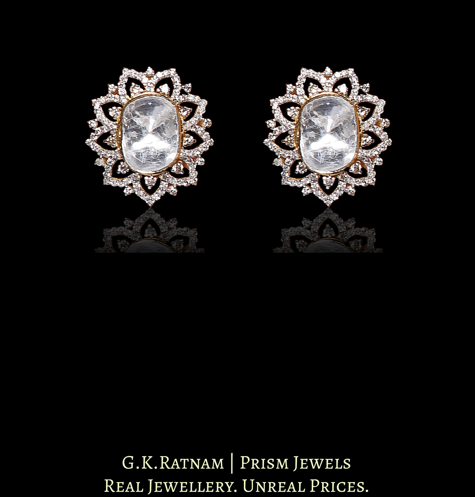 14k Gold and Diamond Polki Open Setting Tops / Studs Earring Pair with far sized uncuts surrounded by diamonds