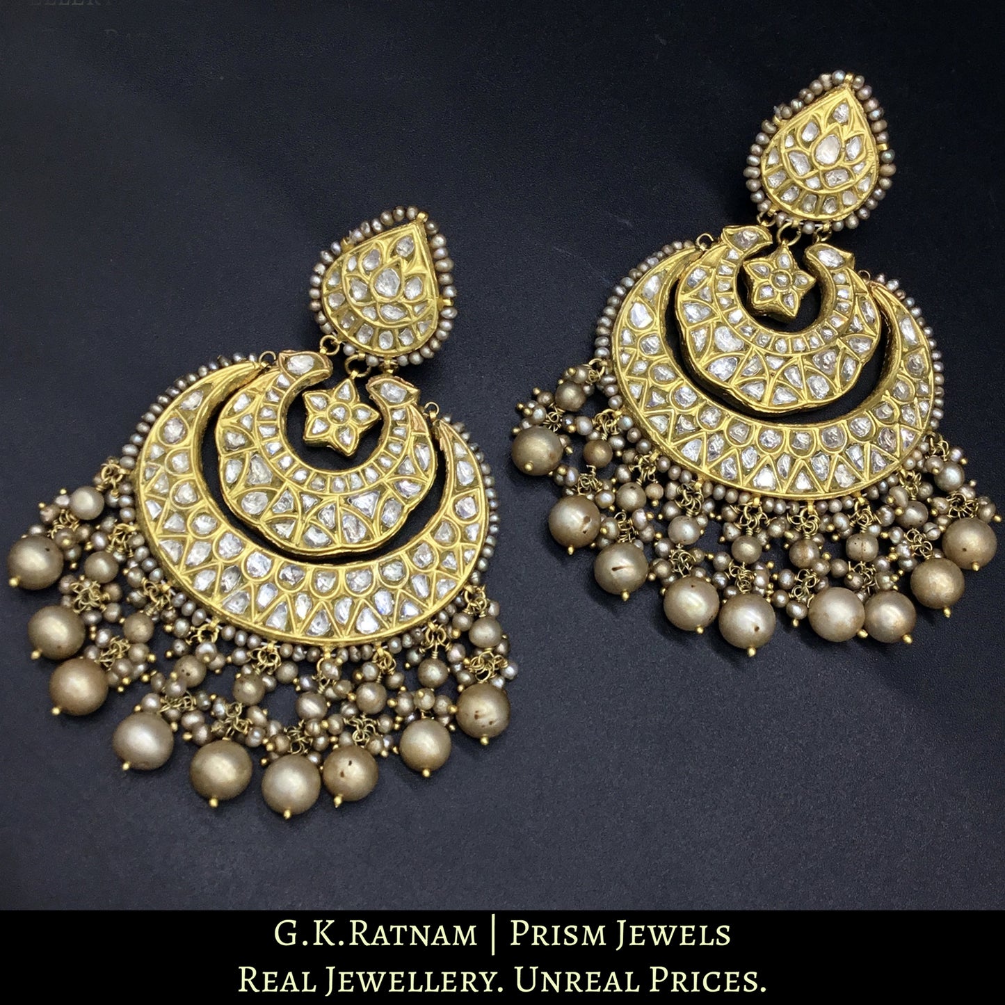 23k Gold and Diamond Polki Chand Bali Earring Pair with antique basra-look-alike pearls