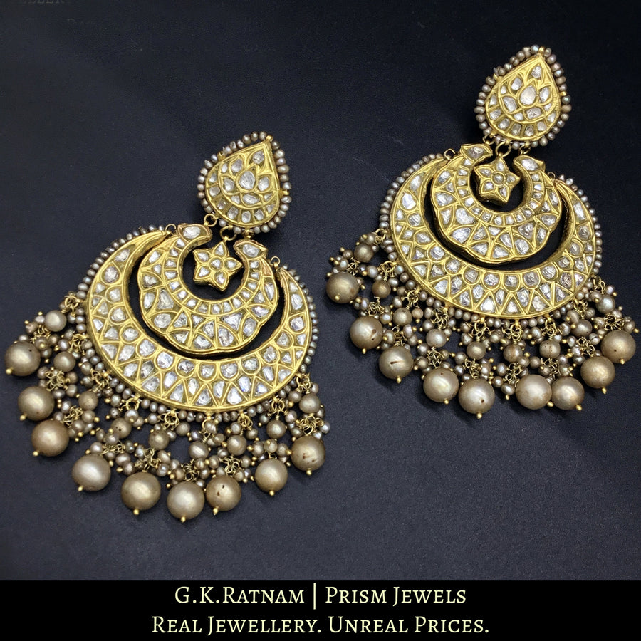 23k Gold and Diamond Polki Chand Bali Earring Pair with antique basra ...
