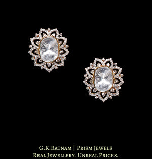 14k Gold and Diamond Polki Open Setting Tops / Studs Earring Pair with far sized uncuts surrounded by diamonds