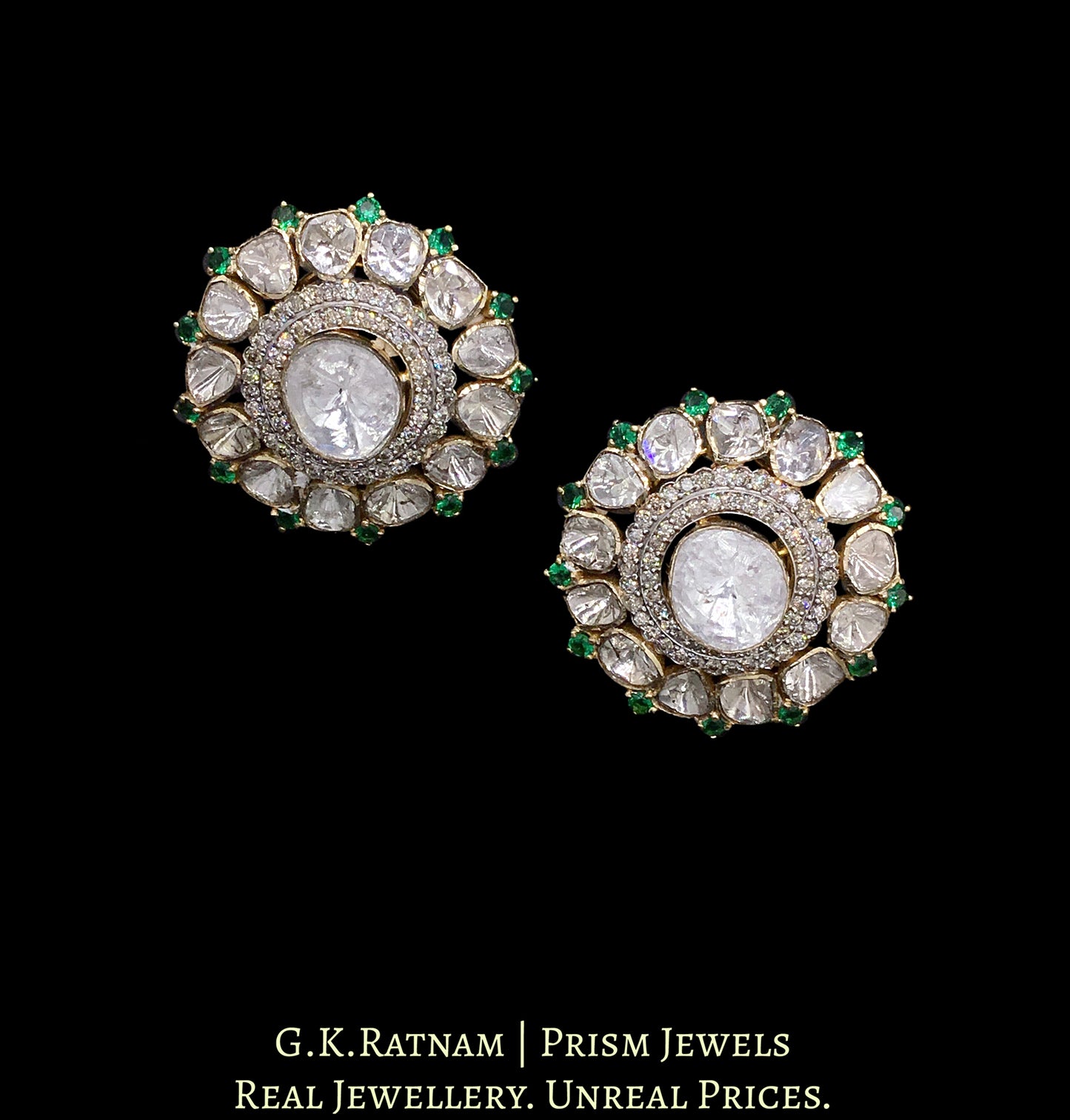 14k Gold and Diamond Polki Open Setting Karanphool Earring Pair with big uncut center
