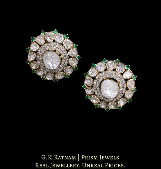 14k Gold and Diamond Polki Open Setting Karanphool Earring Pair with big uncut center